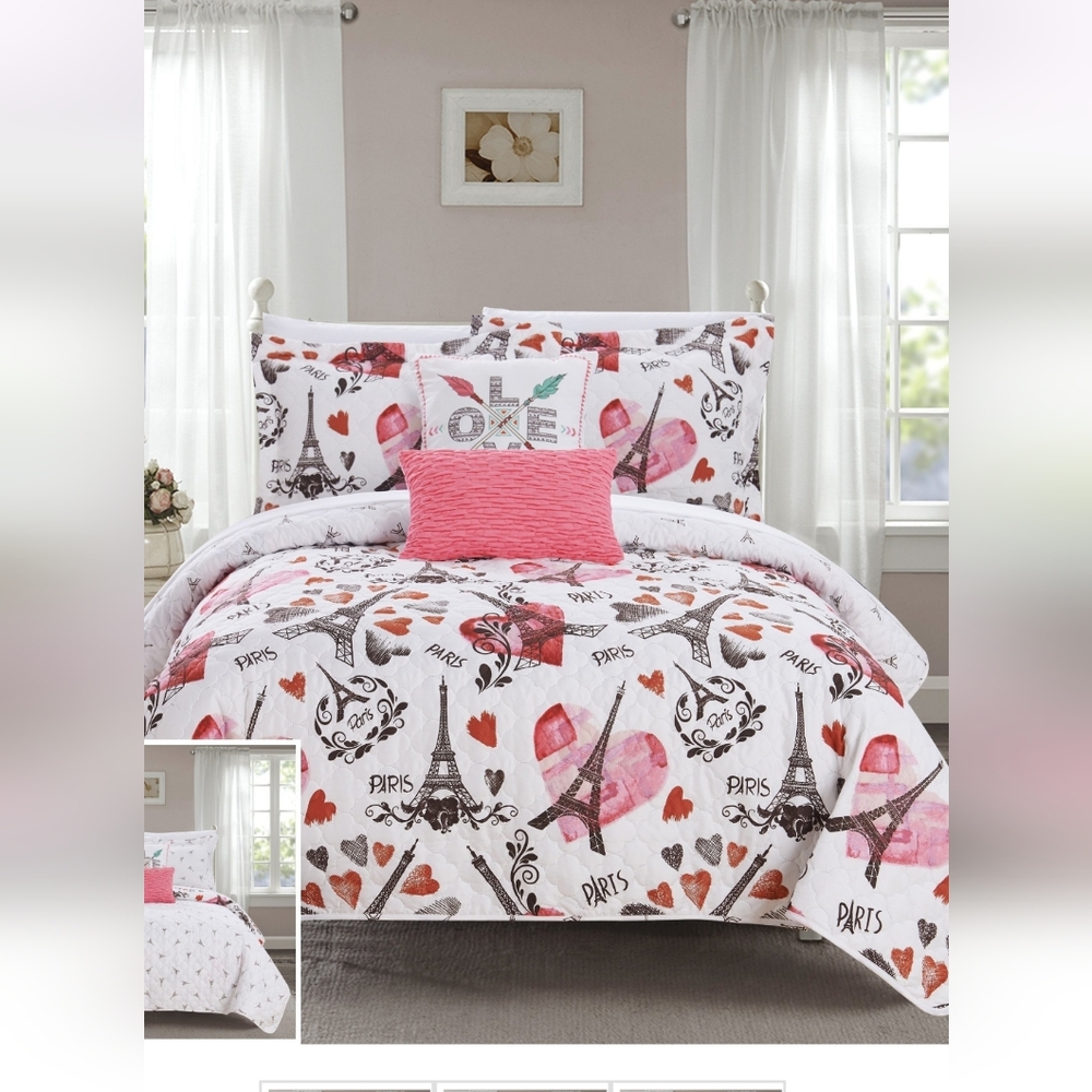 Chic Paris Bedspread Set with Pink and White Design (Reversible)